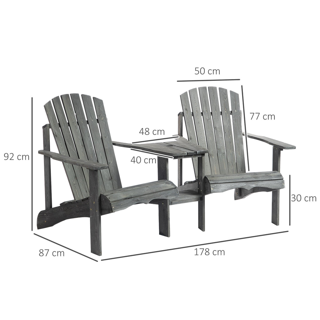 Wooden Outdoor Double Adirondack Chairs Loveseat w/ Centre Table and Umbrella Hole, Garden Patio Furniture for Lounging and Relaxing, Grey