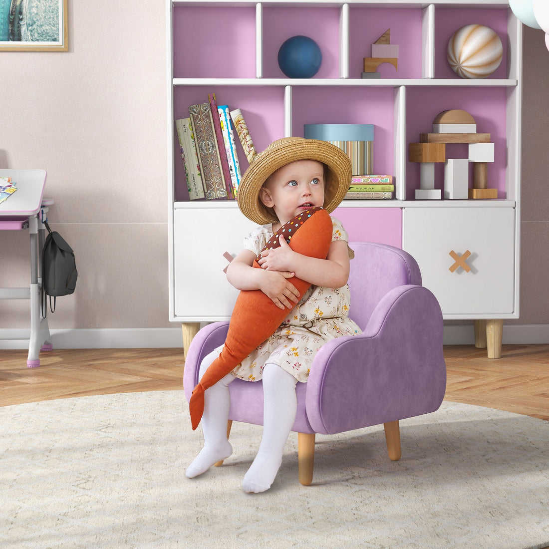 Kids Armchair Toddler Sofa Children Chair with Arm Rest, Wooden Frame, Velvet, PP Legs, Cloud Shape, for Ages 1.5-3 Years - Purple