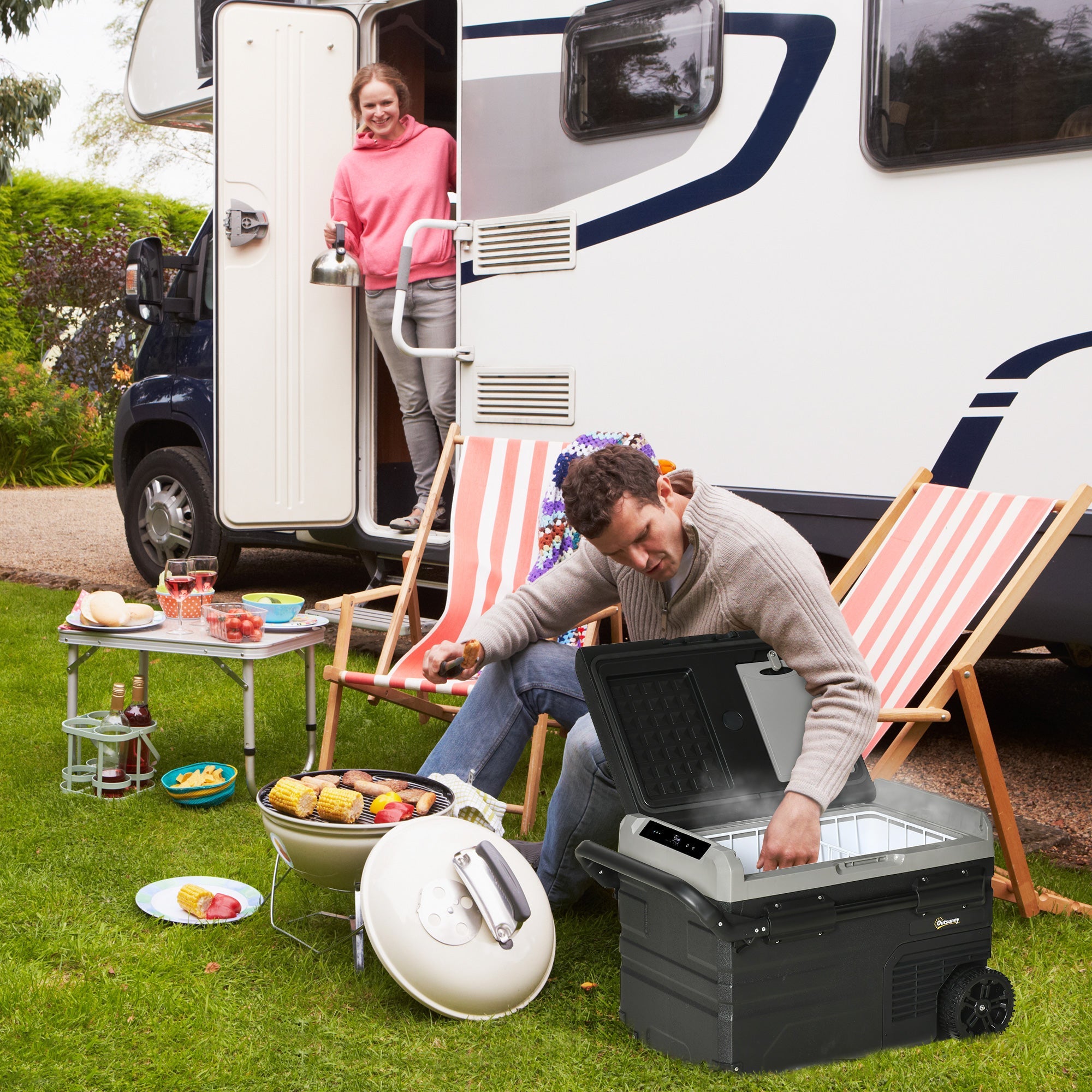 40L Car Refrigerator, Portable Compressor Cooler Box, Fridge Freezer w/ Inner LED Light, Foldable Handles, Cup Holders, 12/24V DC and 110-240V AC for Campervan RV Boat Travel Down to -20℃