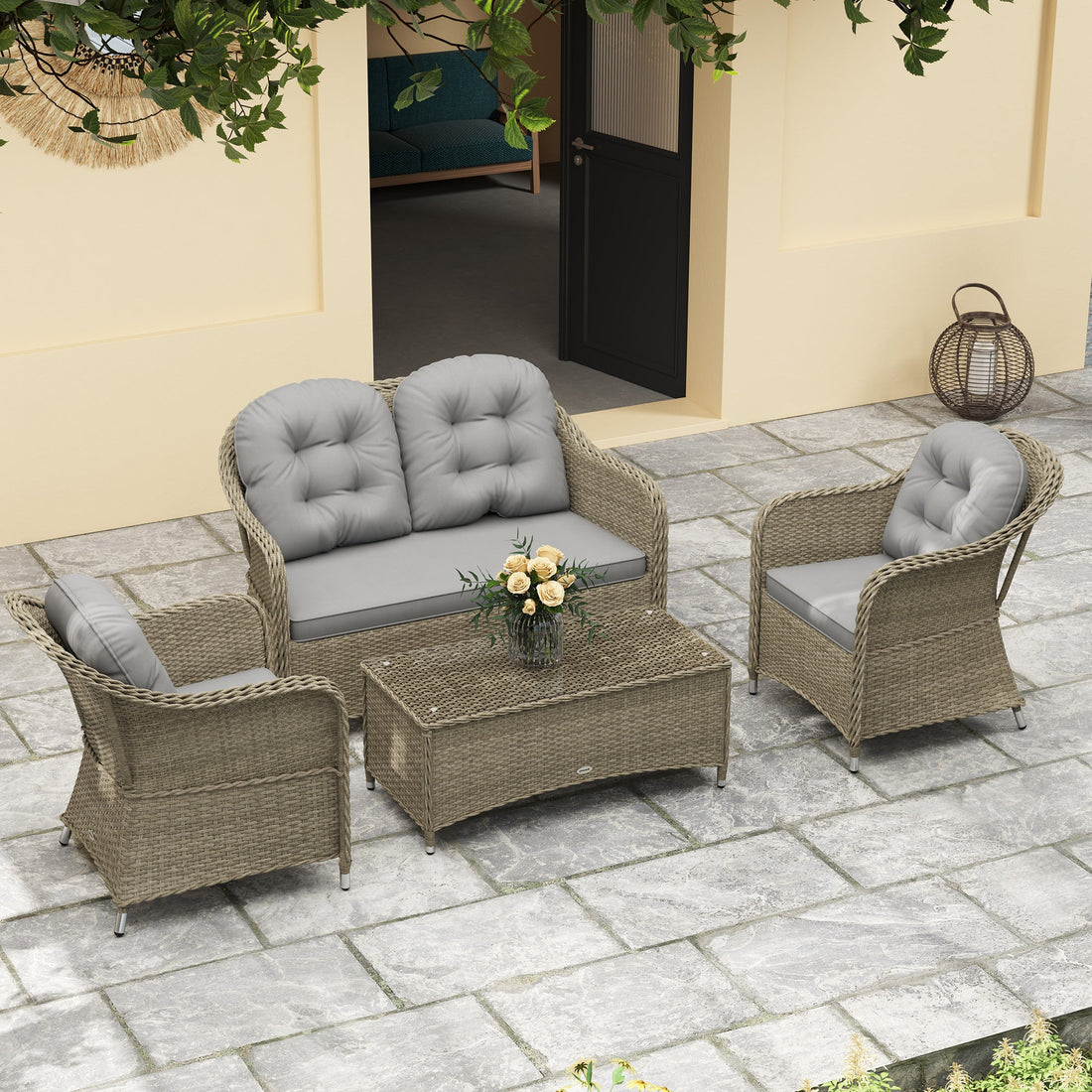 Four-Piece Rattan Sofa Set, with Glass-Top Table - Light Grey