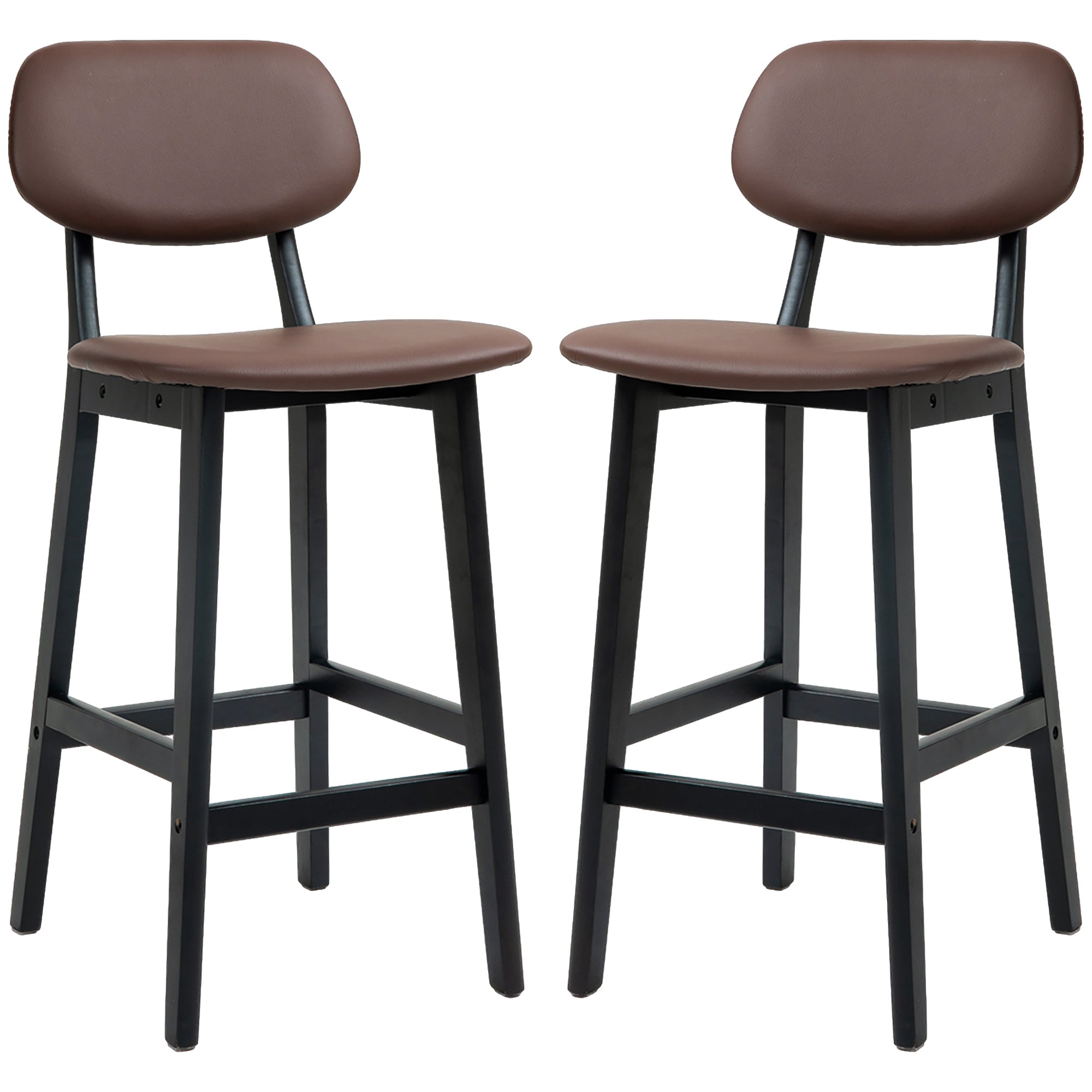Bar Stools Set of 2, Contemporary Breakfast Bar Chairs, Faux Leather Upholstered Kitchen Stools with Backs and Solid Wood Legs, Brown