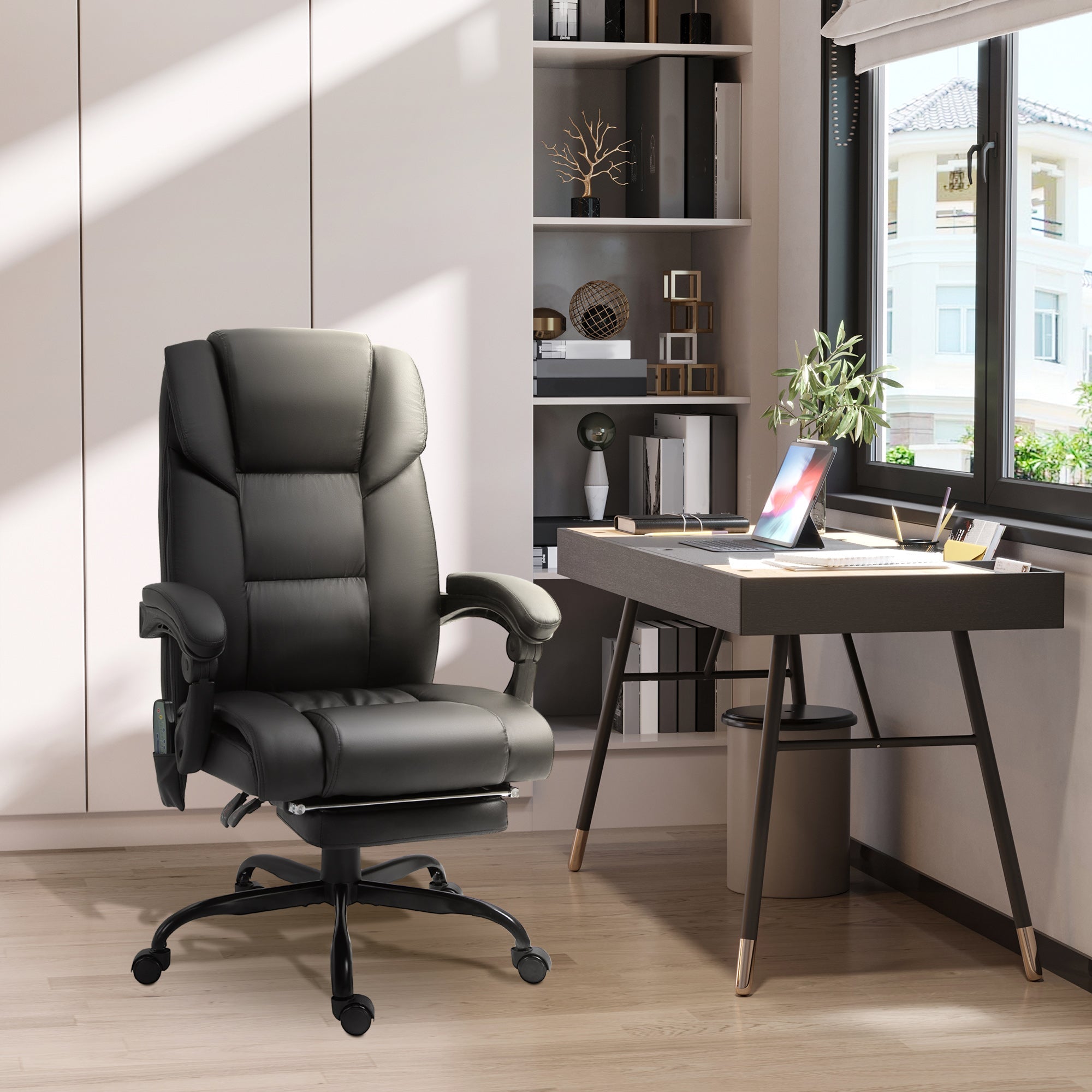 6-Point Massage Office Chair, PU Leather Desk Chair with Adjustable Height and Footrest for Home Office, Black