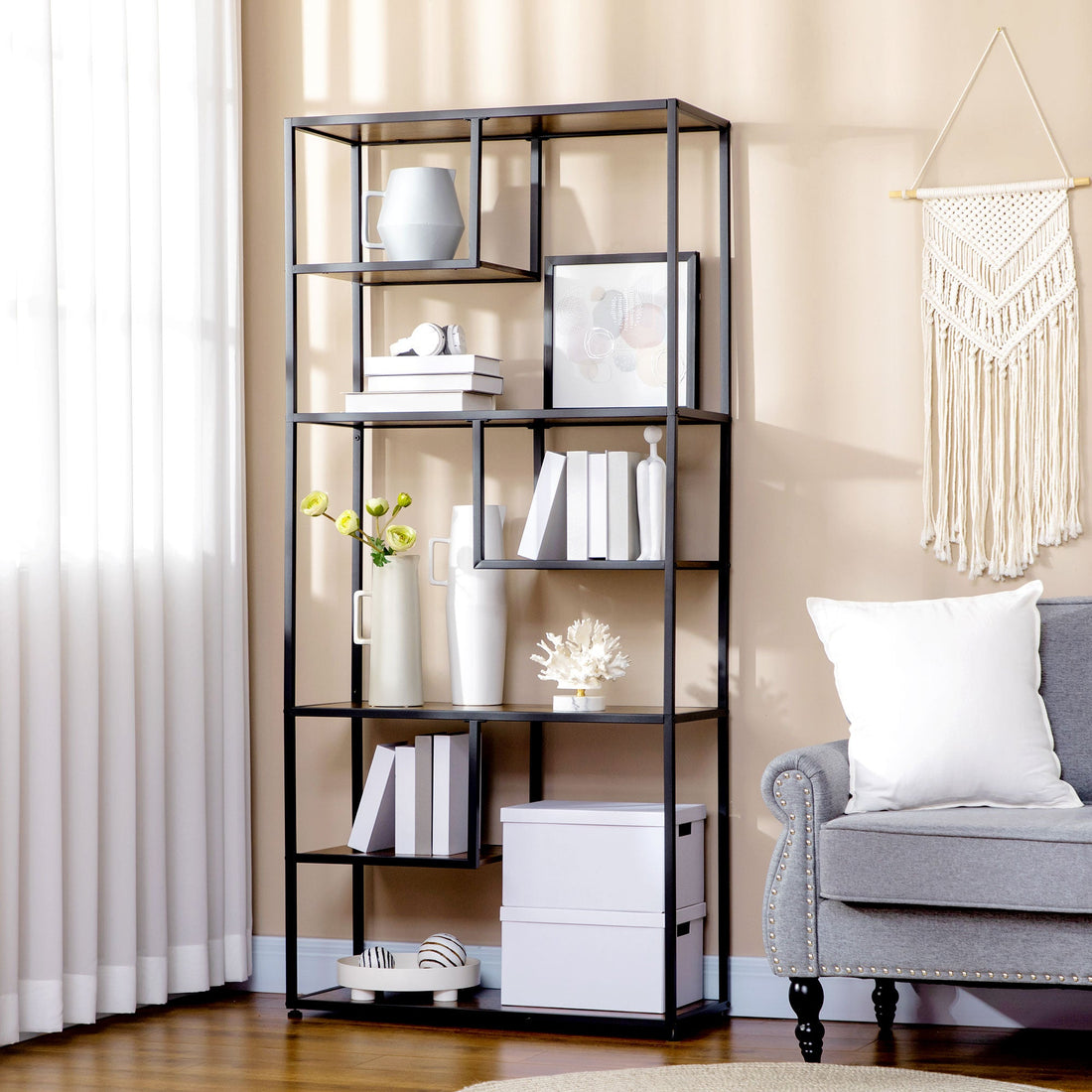 Industrial Bookcase Shelf, 6 Tier Metal Shelving, Storage Shelves for Living Room, Home Office, Bedroom, Rustic Brown