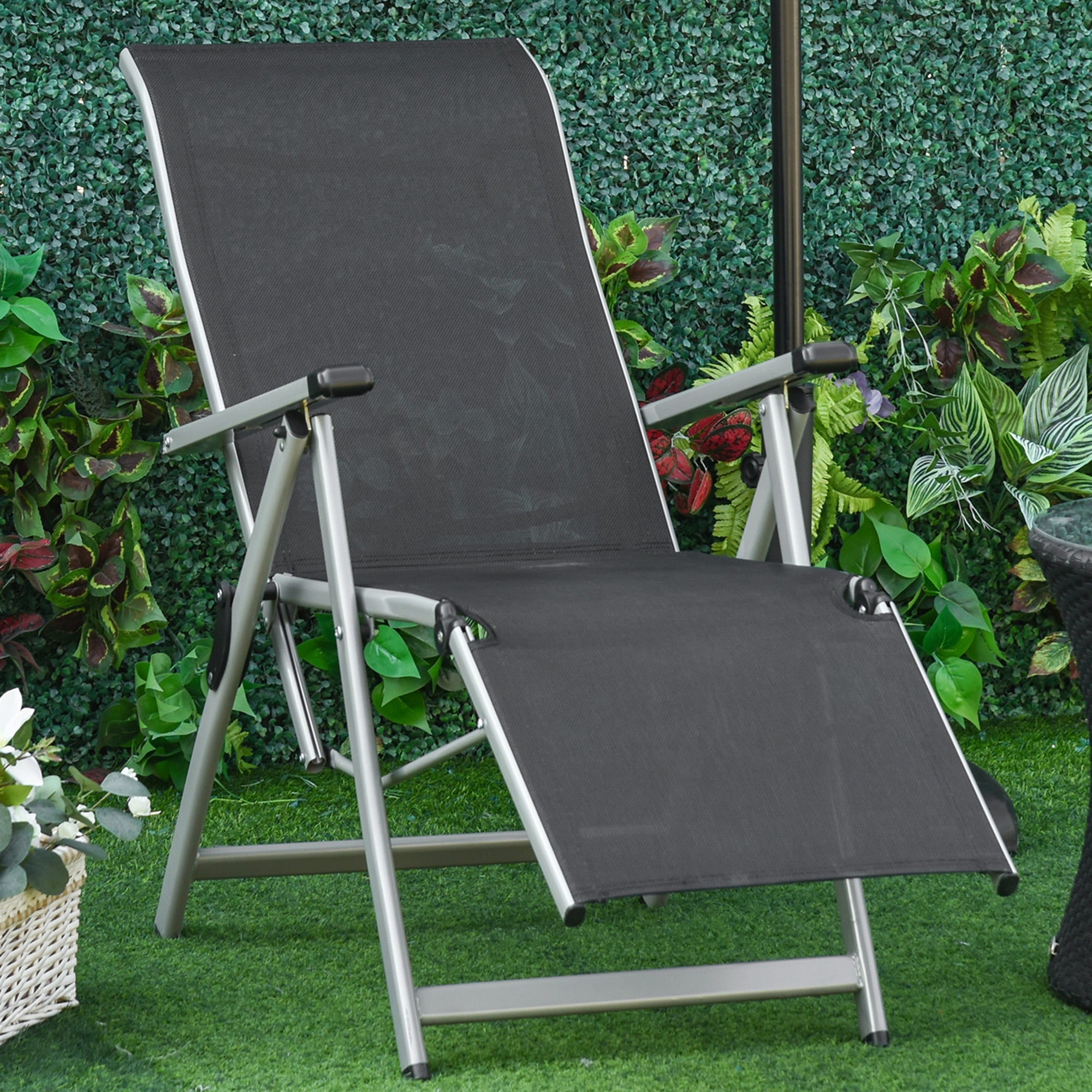 Outdoor Sun Lounger 10-Position Adjustable Texteline Folding Reclining Chairs with Footrest for Patio Garden, Black