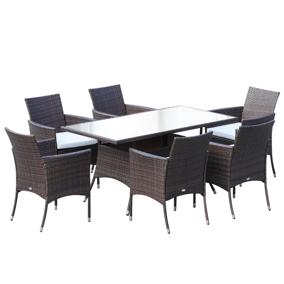 6 Seater Rattan Dining Set with Cushions, Rattan Garden Furniture Set with 6 Armchairs, Rectangular Glass Top Table, Outdoor Dining Table and Chairs, Brown