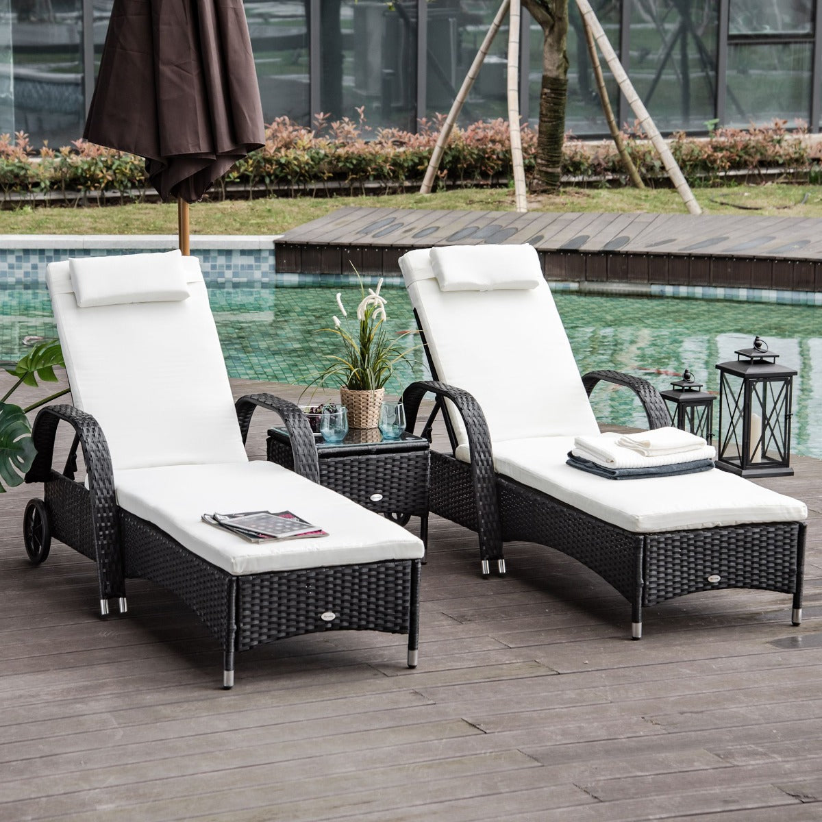 2 Seater Rattan Sun Lounger Set with Side Table Black