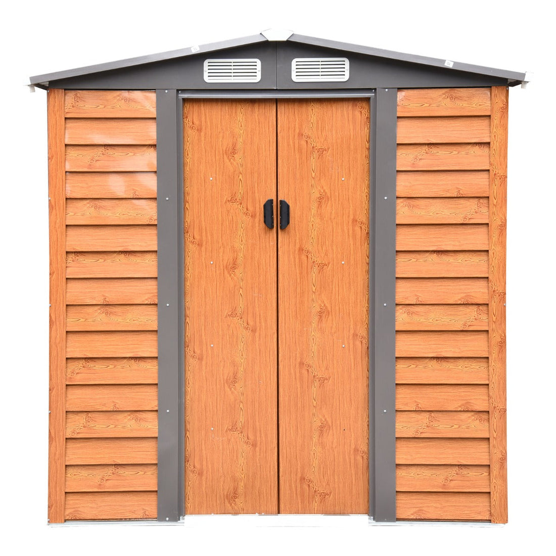 6.5 x 5ft Metal Garden Shed, House Hut Gardening Tool Storage with Ventilations, Sliding Door, Sloped Roof and Foundation Kit for Garden, Patio, Brown