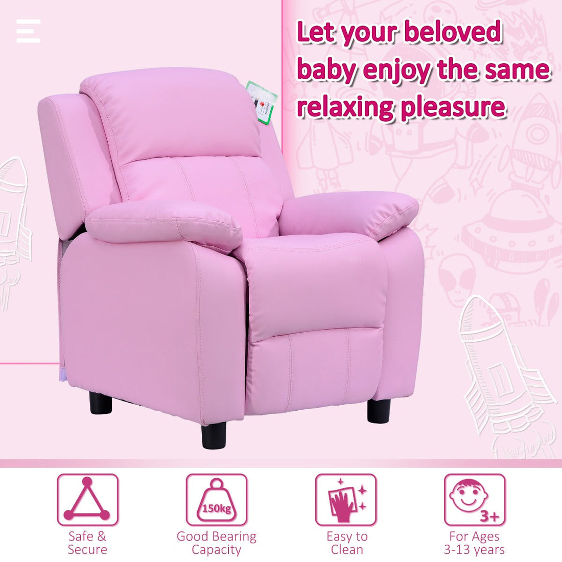 Kids Sofa Armchair Toddler Recliner Children's Chair Lounger Games Chair PU Leather w/ Storage (Pink)