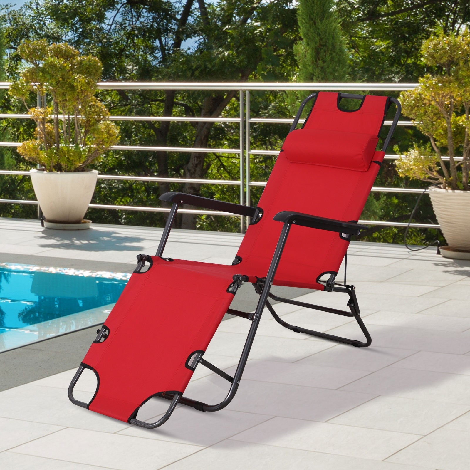 2 in 1 Sun Lounger Folding Reclining Chair Garden Outdoor Camping Adjustable Back with Pillow, Red