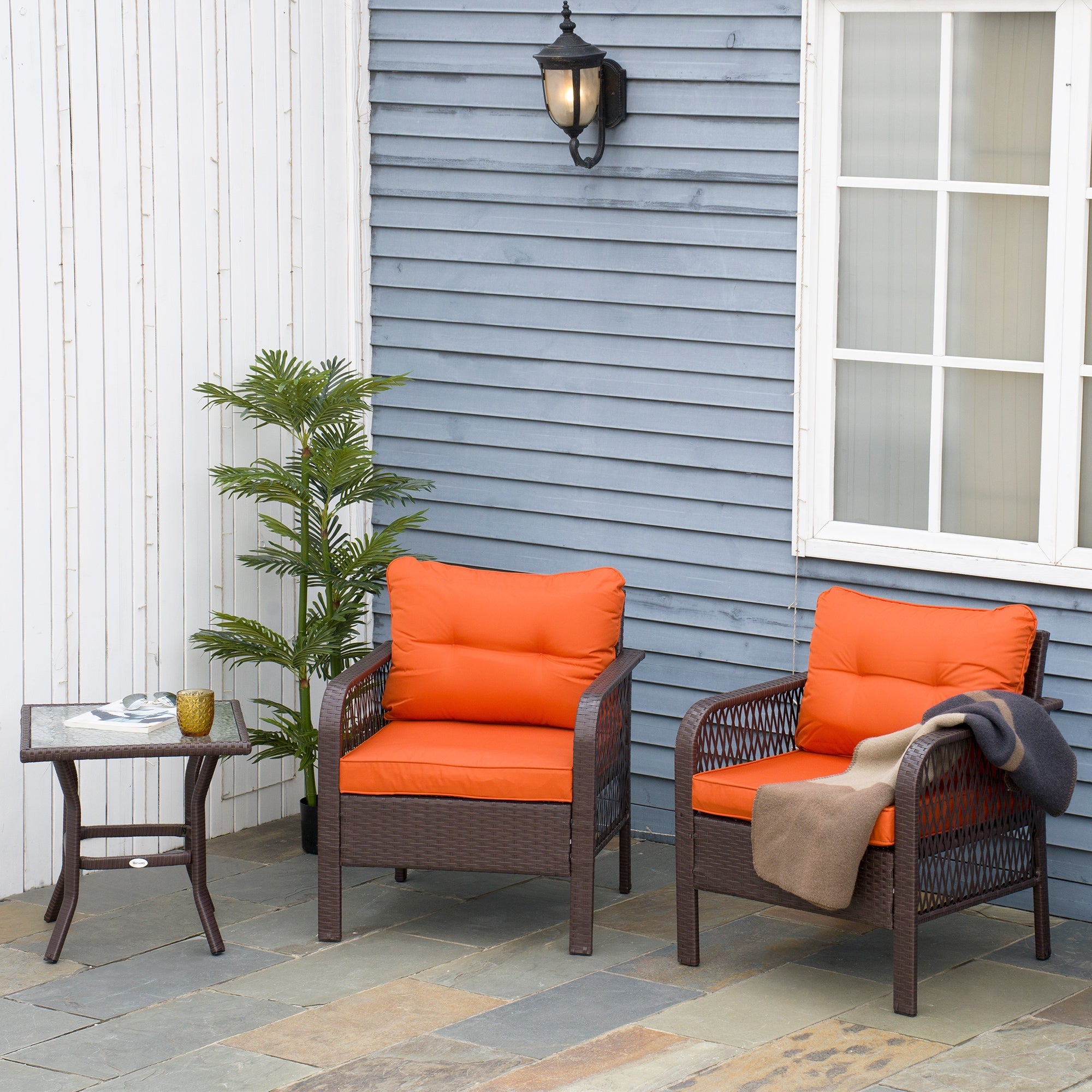 3 Pieces Rattan Bistro Set with Glass Top Coffee Table, Chairs and Cushions for Outdoor, Patio, Balcony, Orange