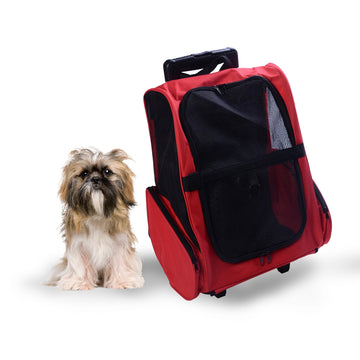 Pet Travel Backpack Bag Cat Puppy Dog Carrier w/ Trolley and Telescopic Handle Portable Stroller Wheel Luggage Bag (Red)