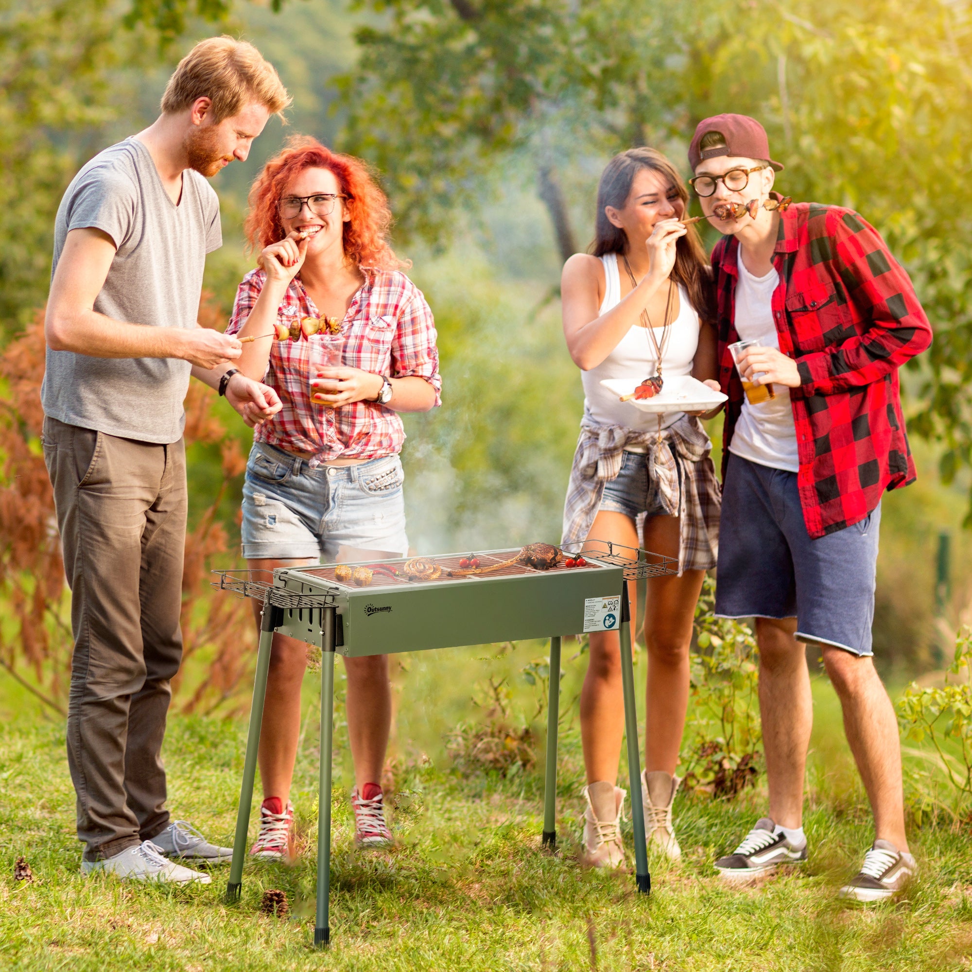 Portable Charcoal Barbecue BBQ Grill with Seasoning Baskets and Hooks, Compact Stainless Steel Cooker for Camping Picnic Hiking Garden Party Festival