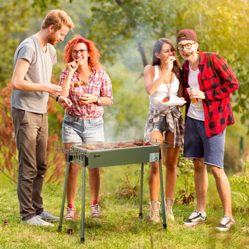 Portable Charcoal Barbecue BBQ Grill with Seasoning Baskets and Hooks, Compact Stainless Steel Cooker for Camping Picnic Hiking Garden Party Festival