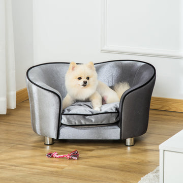 Dog Sofa Pet Chair, Kitten Bed Couch w/ Wooden Frame, Removable Cushion - Silver-Tone and Grey