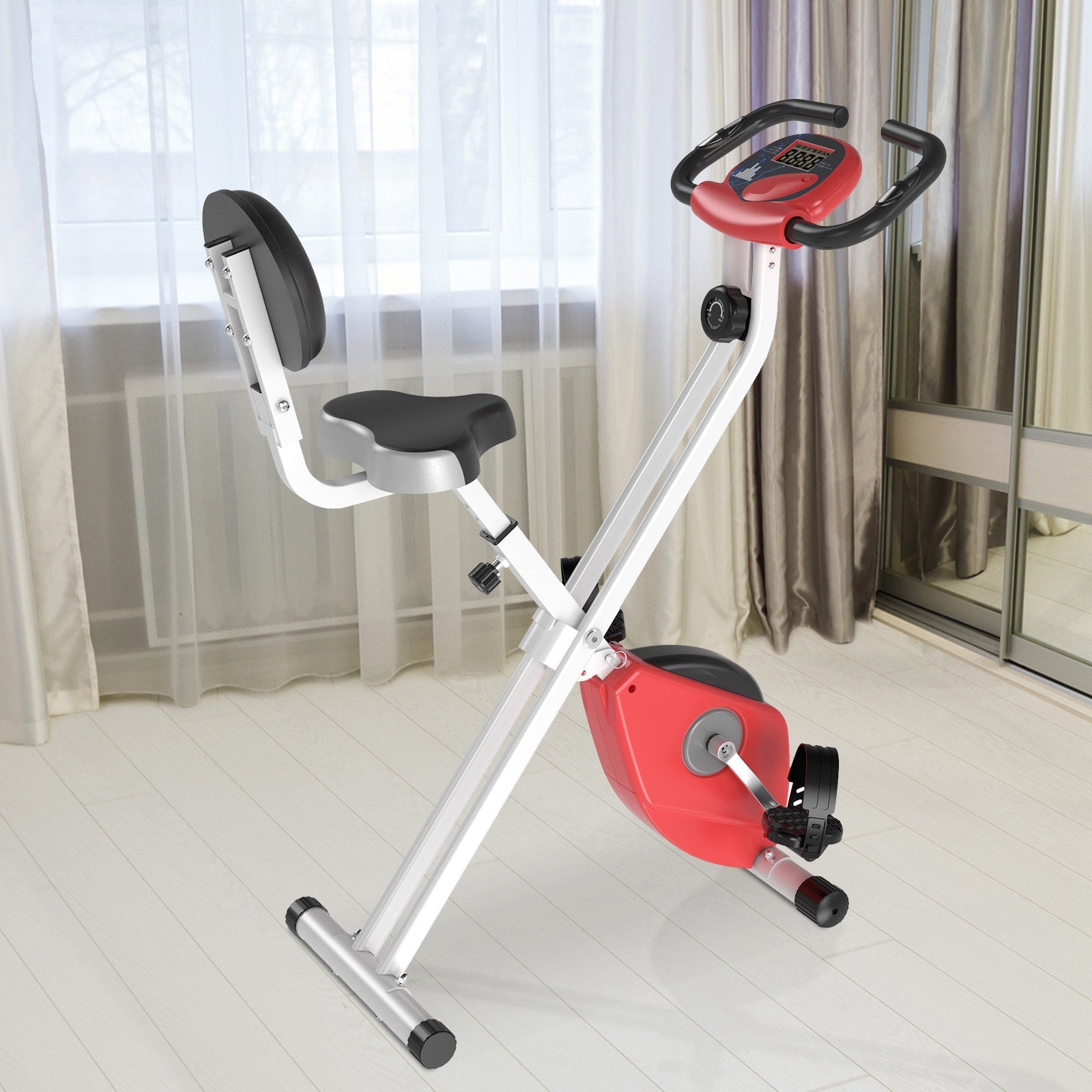 Folding Exercise Bike, Fitness Bicycle Indoor Trainer, 8-Level Magnetic Resistance Adjustable, with LCD Monitor, Pulse Sensor, Red