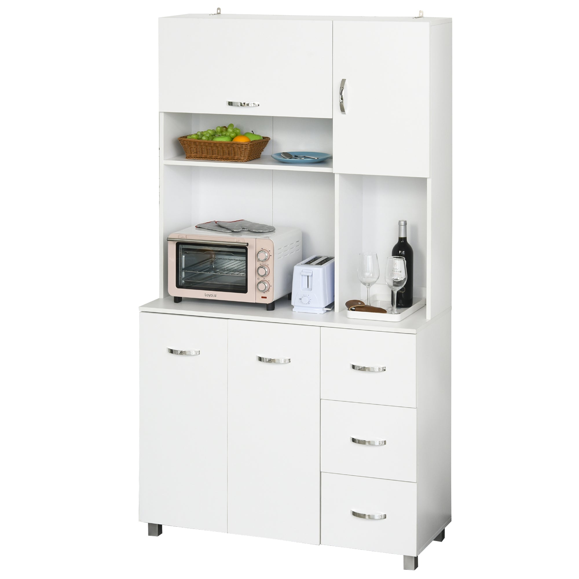Kitchen Cupboard, 183cm Tall Storage Cabinet with Countertop, Sideboard with 3 Drawers, 4 Doors and Open Shelves, 100W x 39.5D x 183.5H cm, White