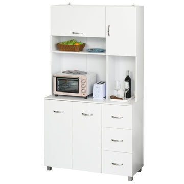Kitchen Cupboard, 183cm Tall Storage Cabinet with Countertop, Sideboard with 3 Drawers, 4 Doors and Open Shelves, 100W x 39.5D x 183.5H cm, White