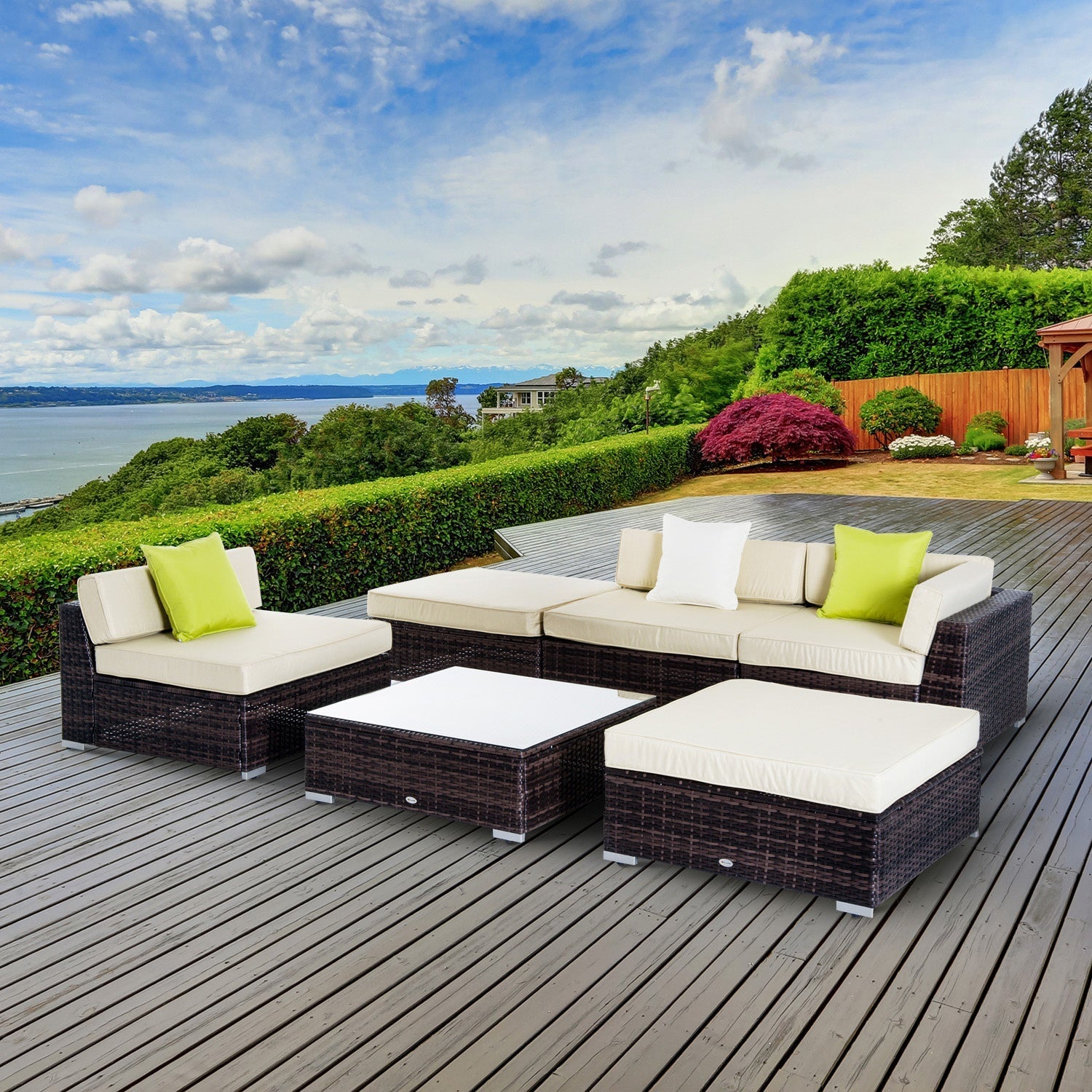 6 PC Rattan Sofa Coffee Table Set Sectional Wicker Weave Furniture for Garden Outdoor Conservatory w/ Pillow Cushion Brown