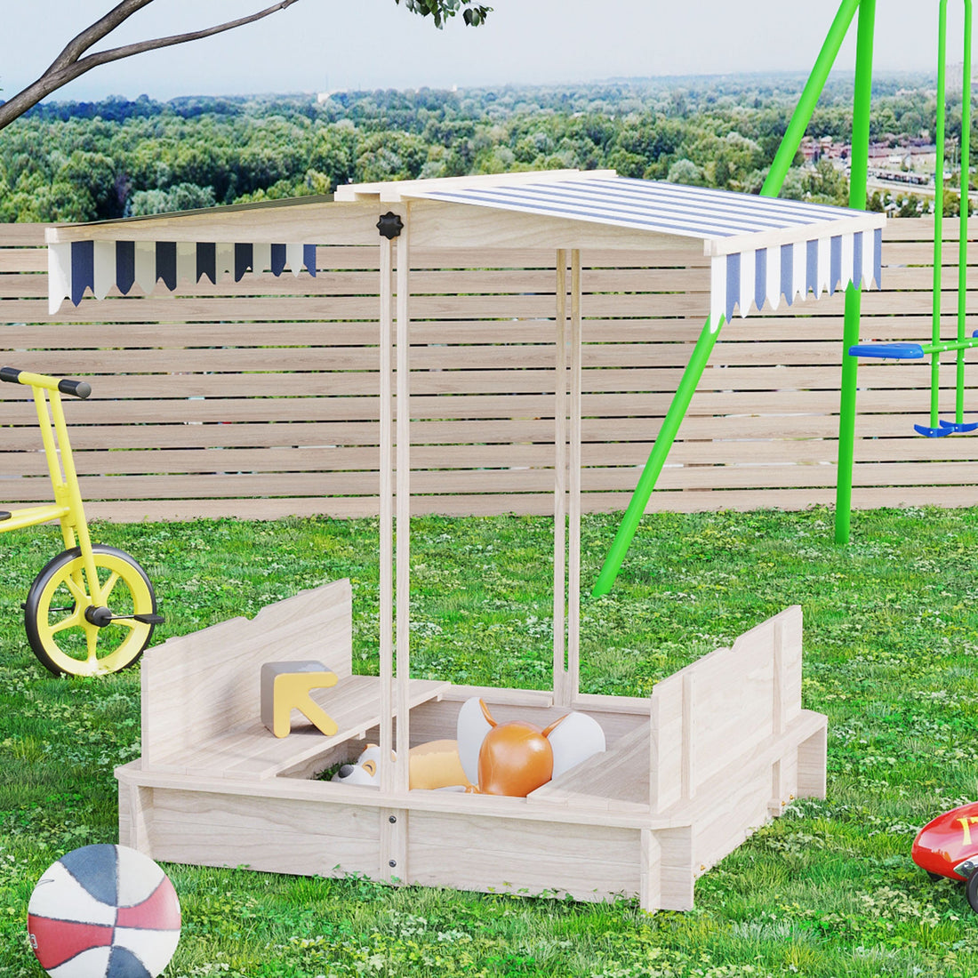Kids Wooden Sand Pit with Lids Children Sandbox Height Adjustable Canopy for Garden, Convertible Bench Seat Outdoor Backyard Playset, Blue and White Canopy
