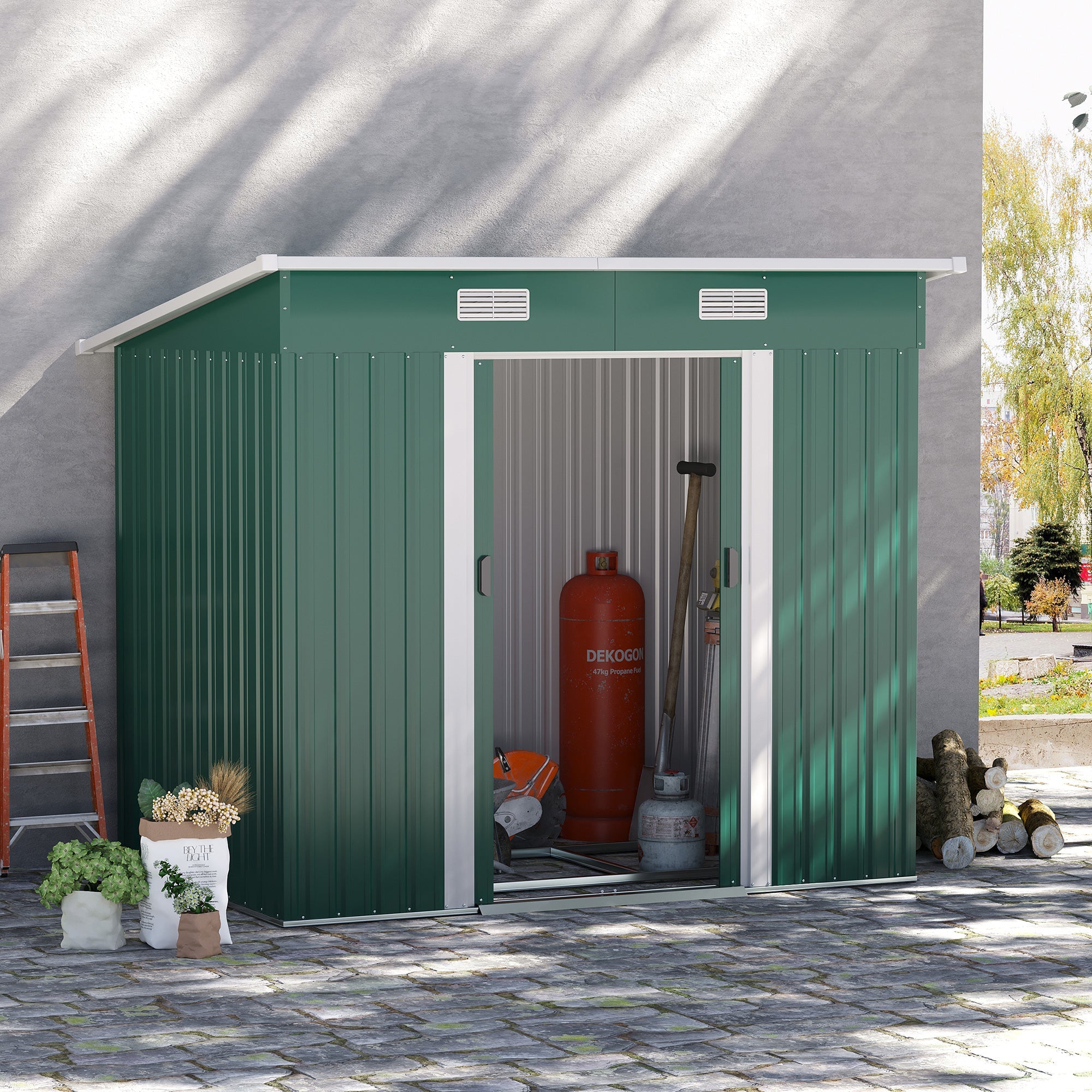 7 x 4ft Outdoor Storage Shed with Foundation Kit, Lean to Metal Garden Shed for Log, Rubbish Bin, Tool, Lawnmower, Bike, Patio and Lawn Use, Green