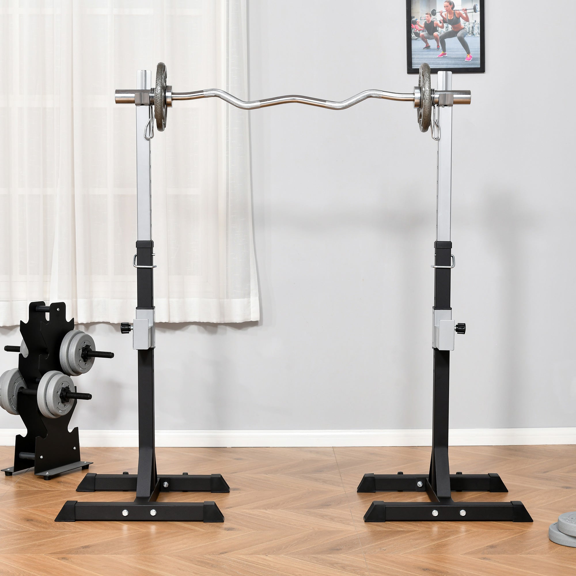 Barbell Squat Rack Adjustable Weight Lifting Bench Max Load 150kg Gym Fitness Strength Training Push up Dip Stand with Wheels