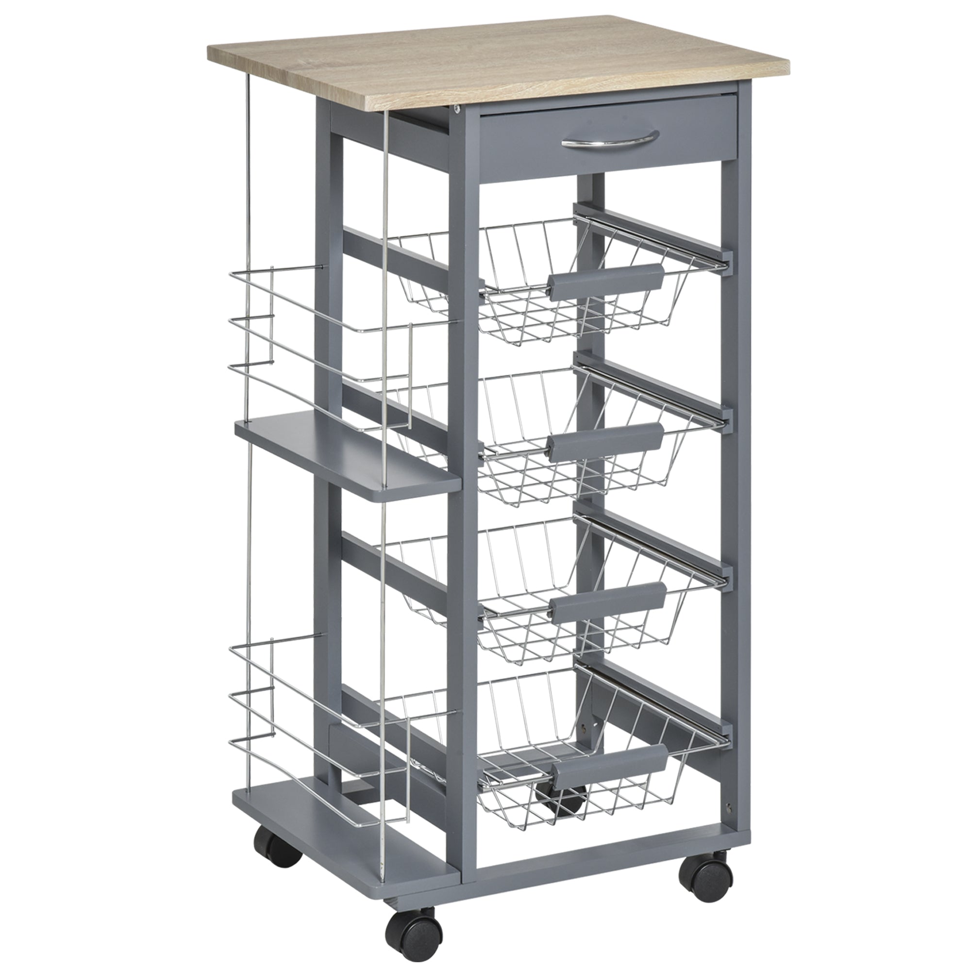 Rolling Kitchen Cart, Utility Storage Cart with 4 Basket Drawers & Side Racks, Wheels for Dining Room, Grey