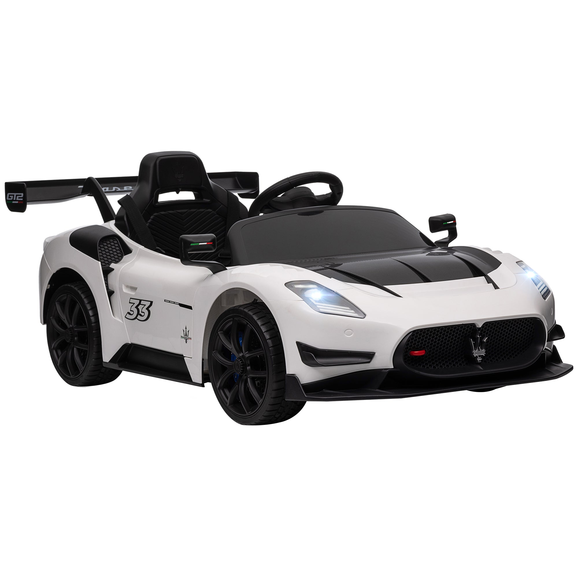 Maserati GT2 Licensed 12V Kids Electric Ride on Car with 4 Suspension Wheels, Remote Control, Music, Horn, Lights, White