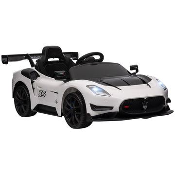 Maserati GT2 Licensed 12V Kids Electric Ride on Car with 4 Suspension Wheels, Remote Control, Music, Horn, Lights, White