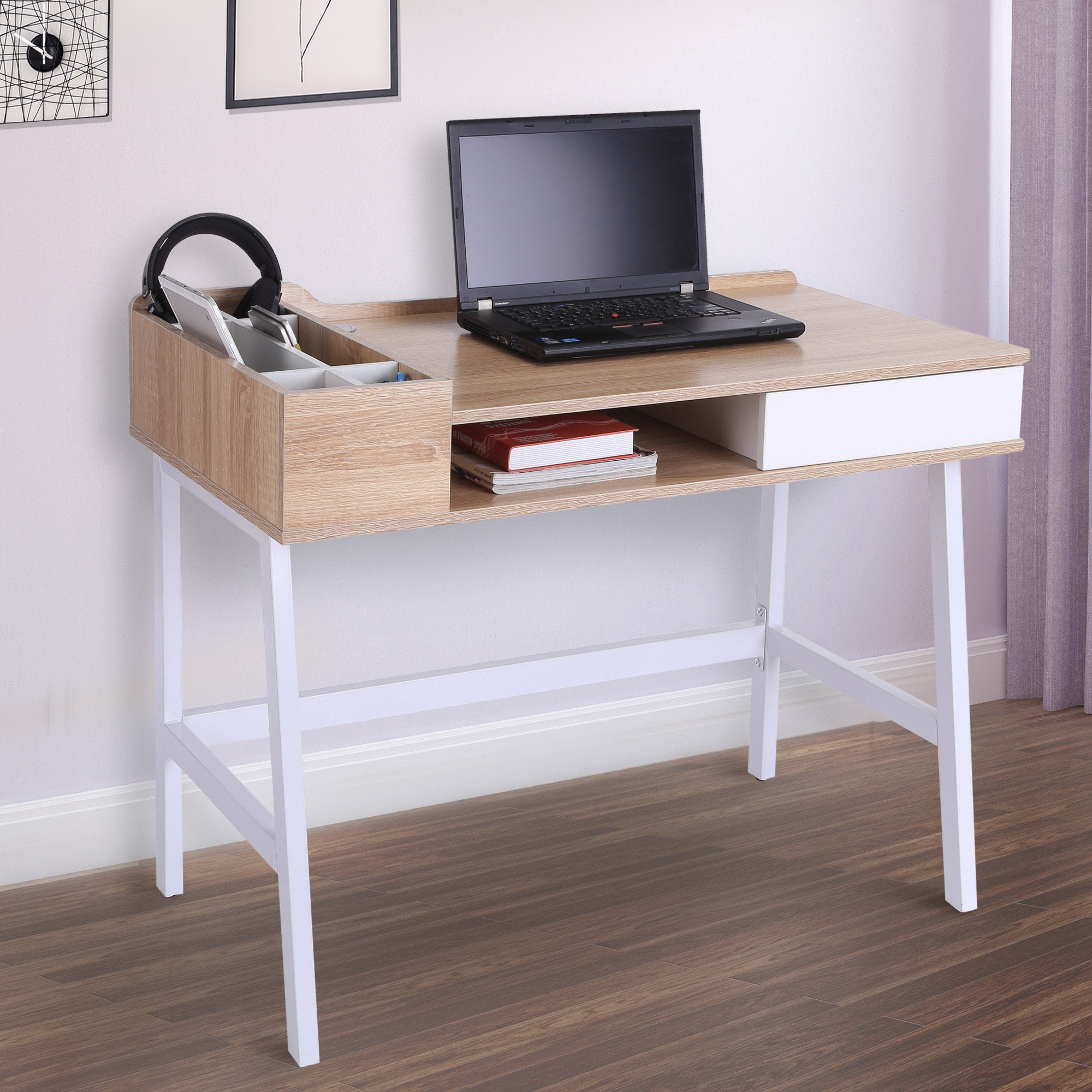 Computer Desk, Writing Desk, Study Workstation with Drawer, Storage Compartments, Cable Management, Laptop Table, Metal Frame, 100 x 55 x 81.5cm, Oak and White
