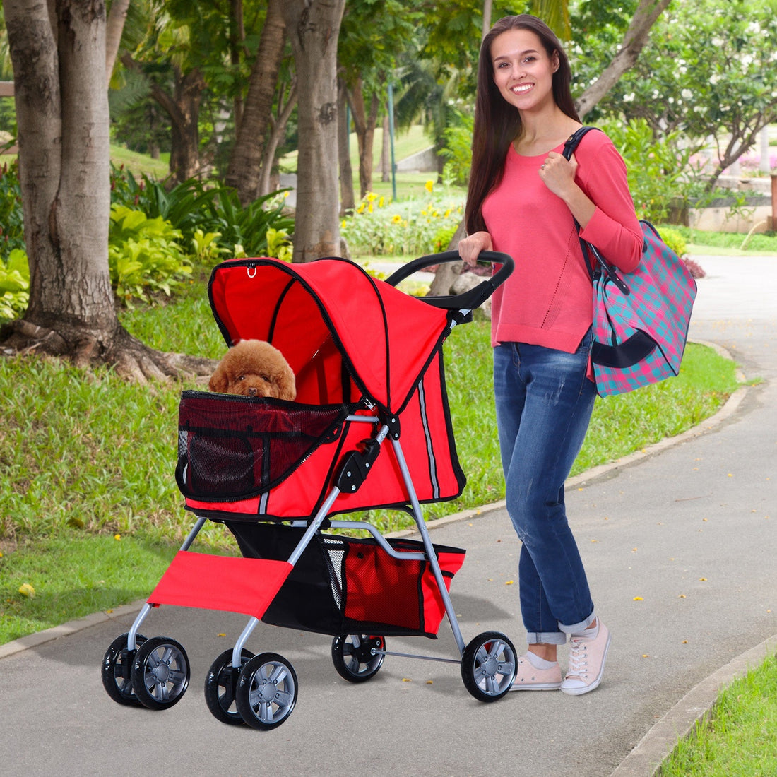 Pet Stroller for Small Miniature Dogs Cats Foldable Travel Carriage with Wheels Zipper Entry Cup Holder Storage Basket Red