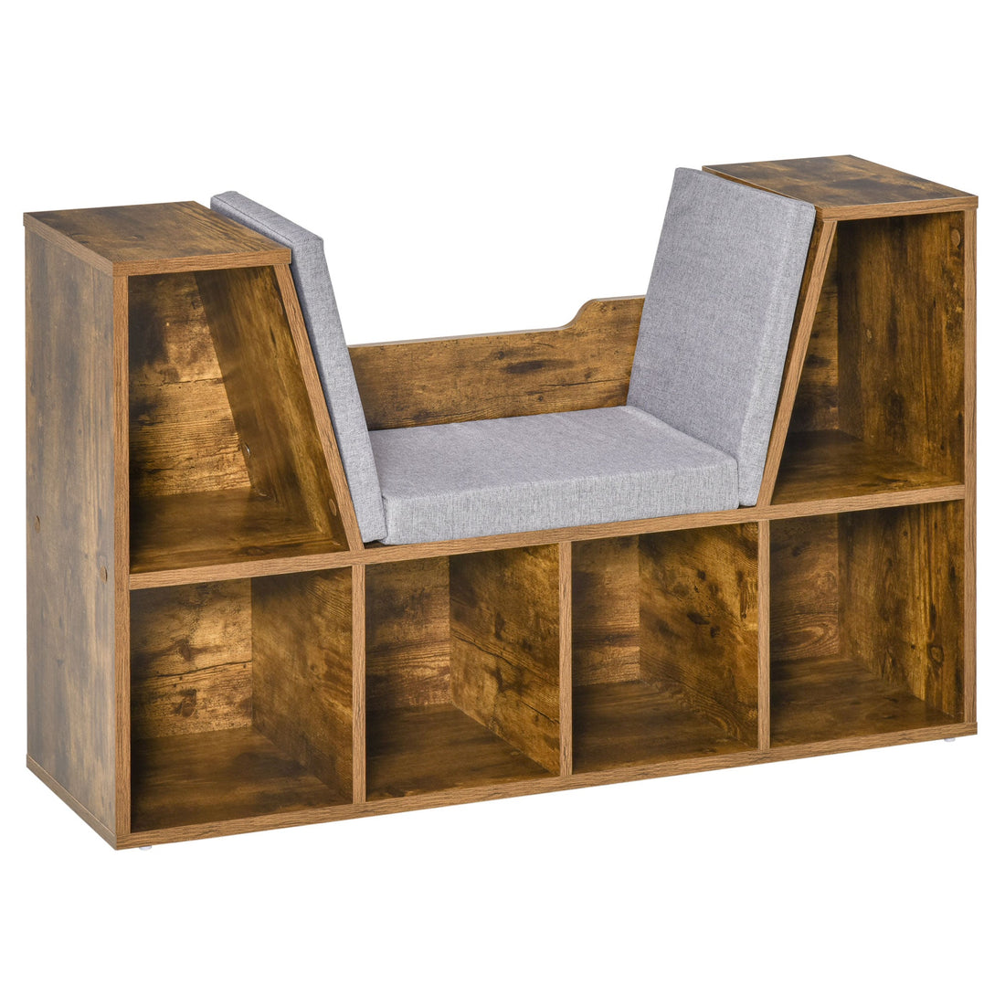 Bookcase Storage Shelf with Cushioned Reading Seat, Cube Bookshelf Organizer for Bedroom Living Room, Rustic Brown