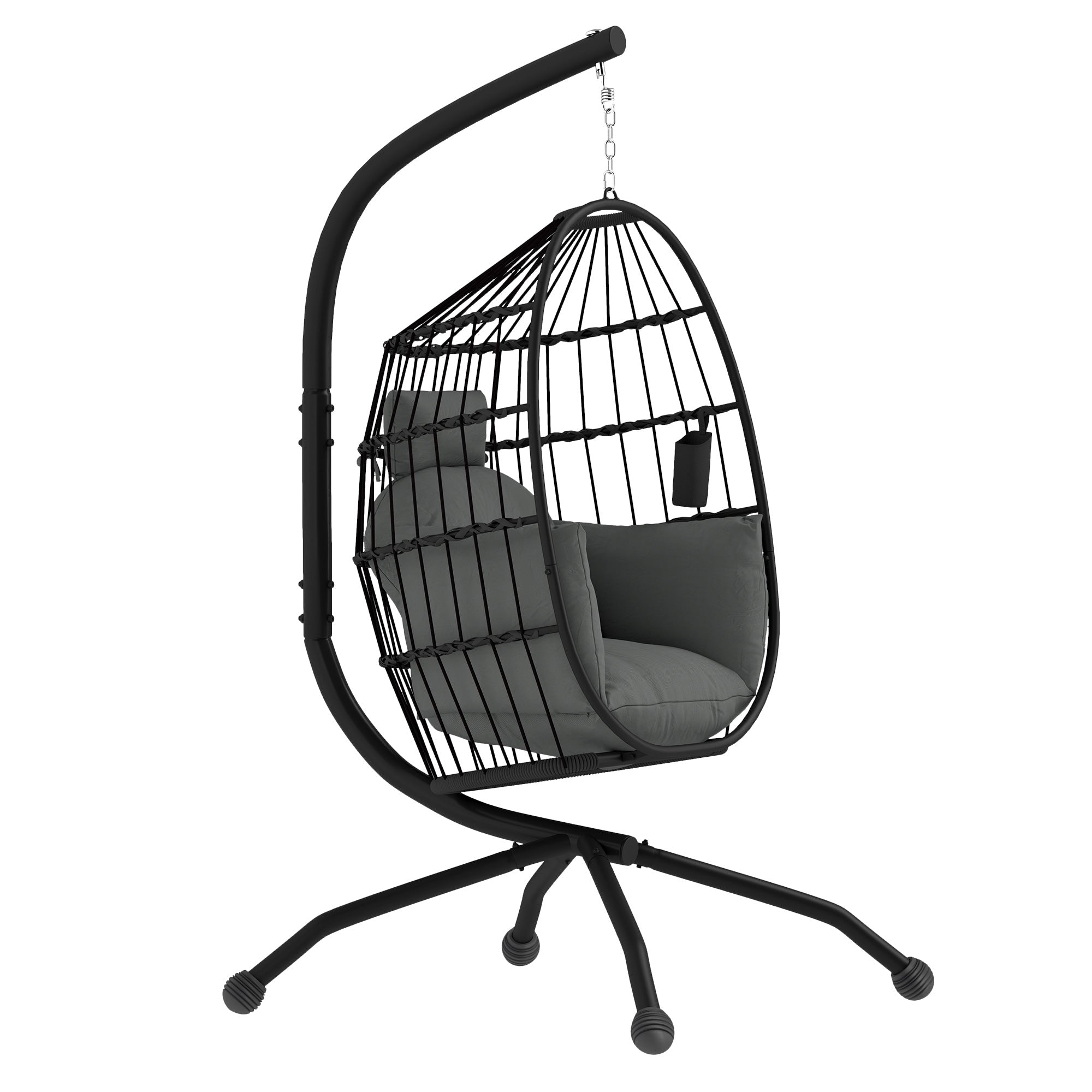 Hanging Egg Chair Outdoor Indoor Garden Swing Chair with Folding Basket and Thickened Cushion, Garden Hanging Chair with Stand, Headrest, Cup Holder for Patio, Balcony, Dark Grey