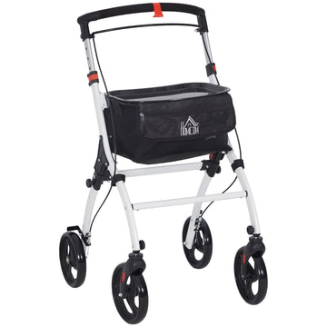 Folding Upright Rollator Walker with Lightweight Walking Frame, Storage Bag, Tray, Dual Brakes, Adjustable Handle Height, Mobility Aid Rolling 4 Wheeled Walker for Seniors, White