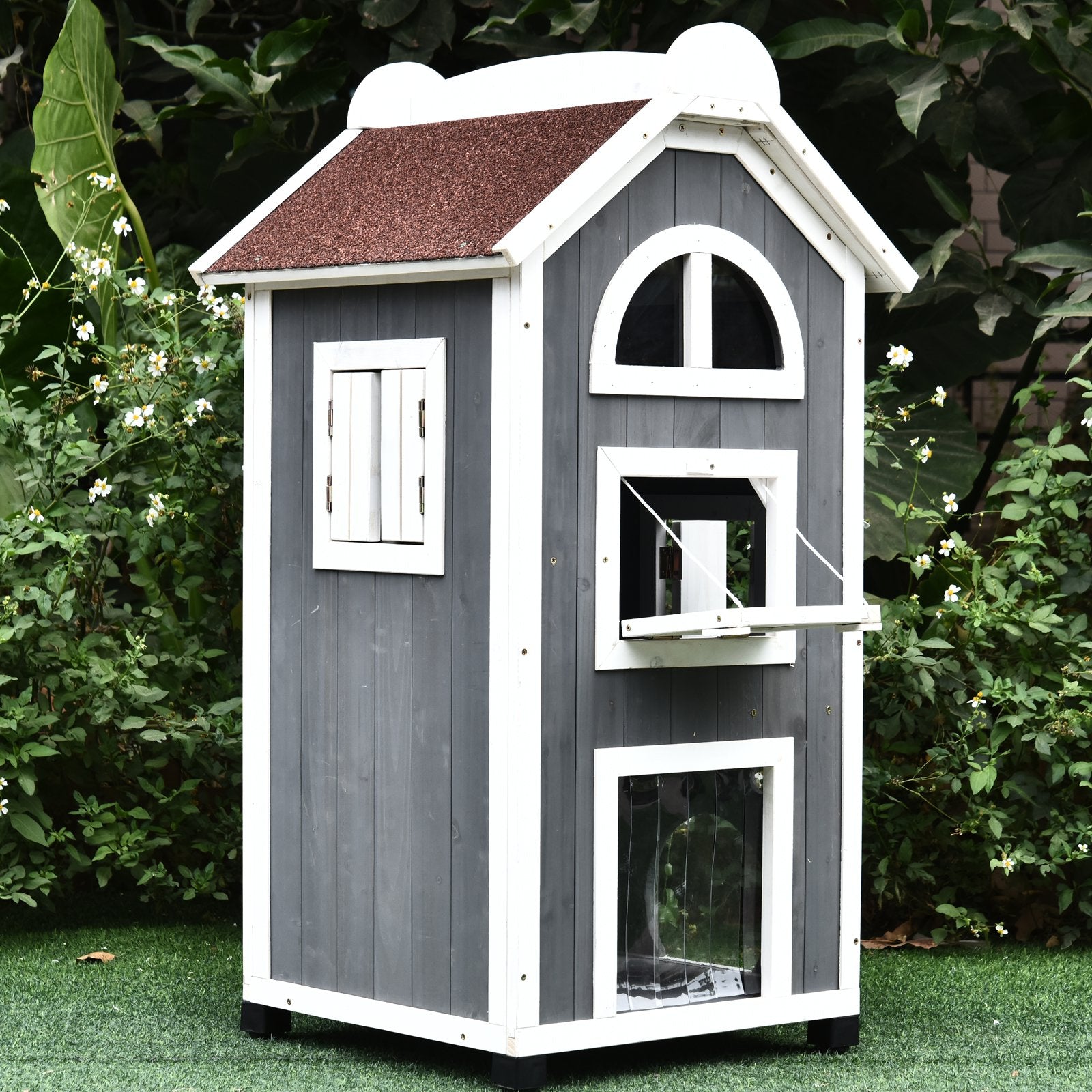 Wooden Cat House, Weatherproof Pet Shelter, Outdoor Cat Condos Cave, 2 Floor Furniture, Grey and White