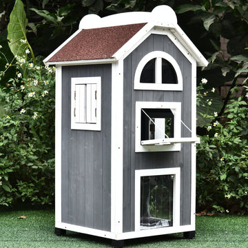 Wooden Cat House, Weatherproof Pet Shelter, Outdoor Cat Condos Cave, 2 Floor Furniture, Grey and White