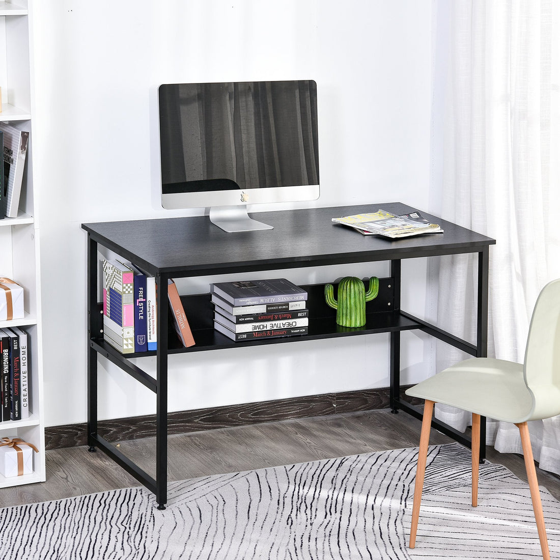 Computer Desk with Storage Shelf, 120 x 60cm Home Office Desk with Metal Frame, Study Table, Easy Assembly, Black