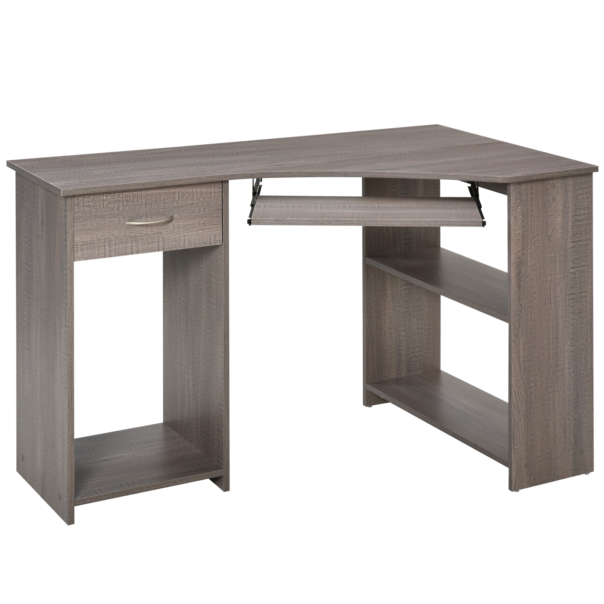 L-Shaped Corner Computer Desk w/ 2 Shelves Wide Worktop Keyboard Tray Drawer & CPU Stand Home Office Study Bedroom Furniture Grey