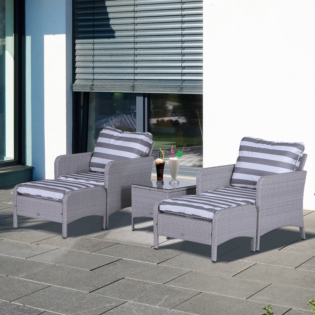 5 Pieces PE Rattan Garden Furniture Set with 10cm Thick Padded Cushions, Wicker Weave Outdoor Seating Chairs with 2 Armchairs, 2 Stools, Glass Top Table, Grey and White