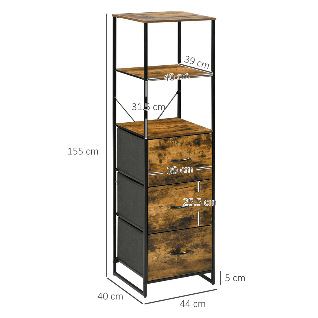 Industrial Storage Cabinet with 2 Open Shelves and 3 Foldable Fabric Drawers, Multifunctional Bookshelf in Living Room, Study, Bedroom, Rustic Brown