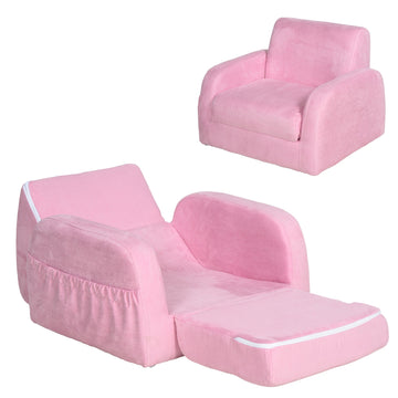 2-in-1 Kids Armchair, Toddler Sofa Bed, with Wood Frame, for Bedroom, Playroom - Pink