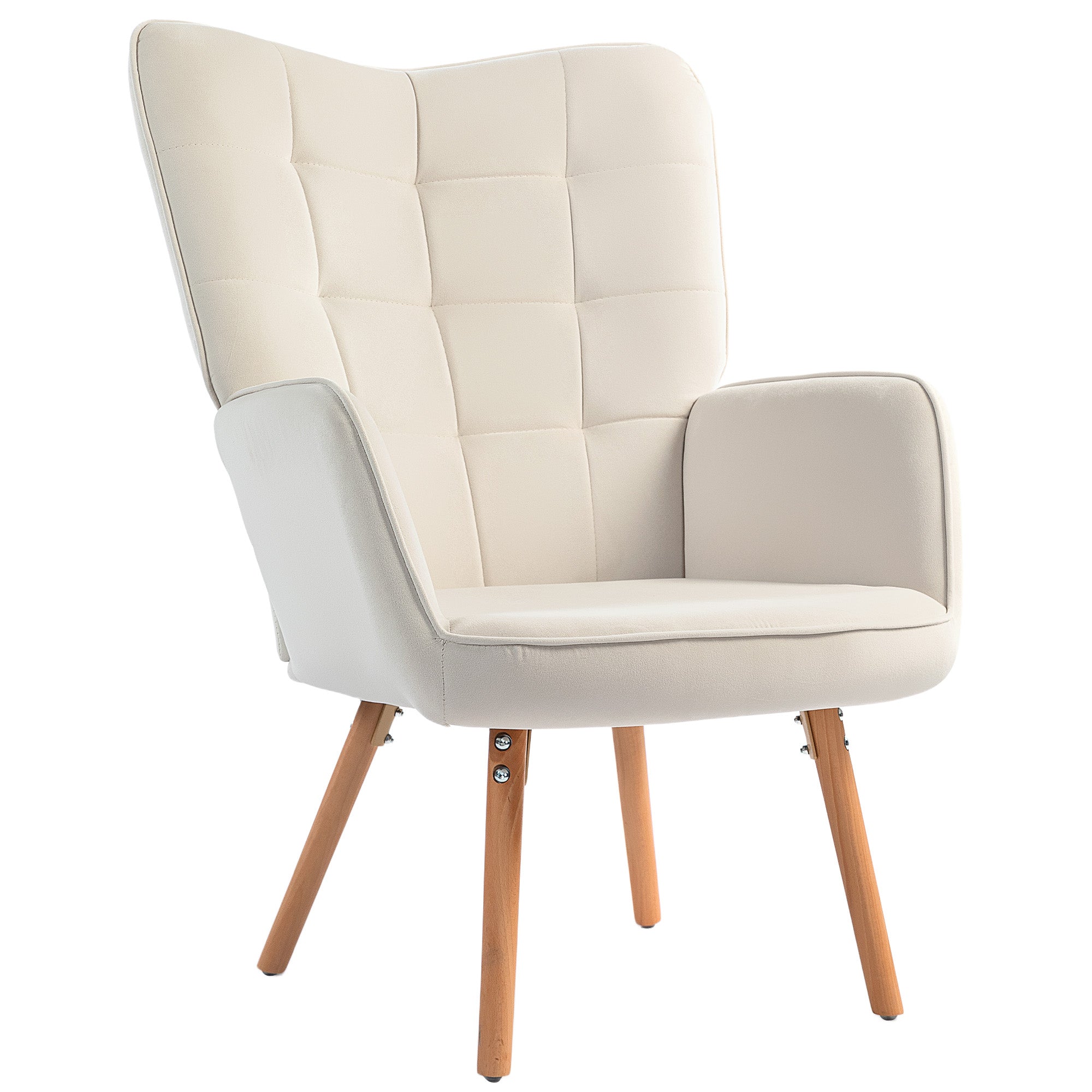 Modern Accent Chair, Upholstered Tufted Wingback Armchair with Seat Padding, Velvet Leisure Lounge Bedroom Chair with Wood Legs, Cream White