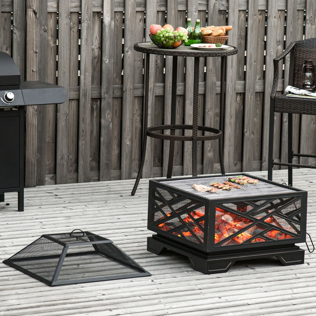 Metal Firepit Outdoor 2 in 1 Square Fire Pit Brazier w/ Grill Shelf, Lid, Poker for Backyard, Camping, BBQ, Bonfire, Wood Burning Stove, 66 x 66 x 66cm, Black