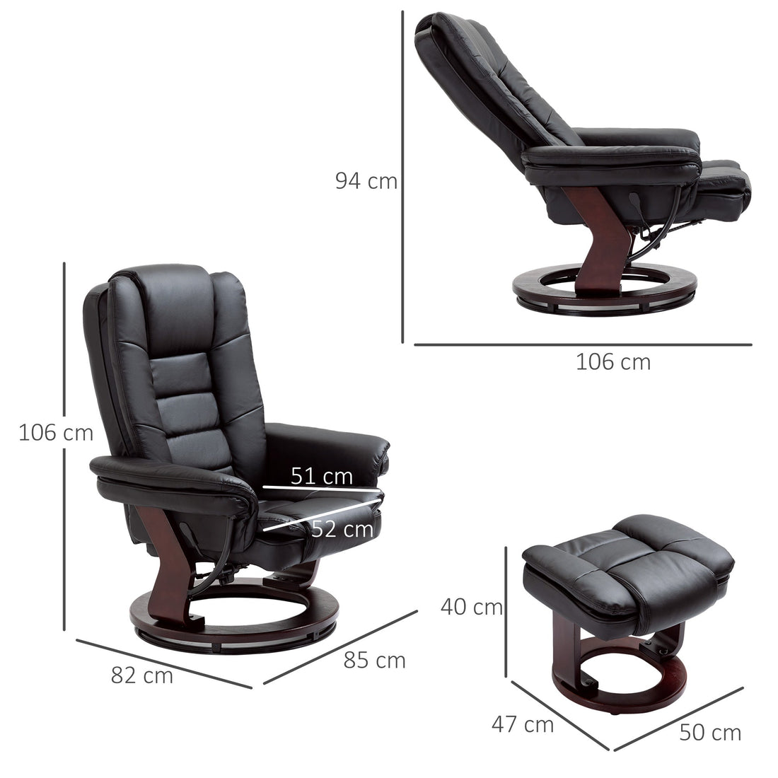 Recliner Chair With footstool, Recliner Armchair up to 130kg Weight Capacity, 135° Reclining Swivel Sofa Chair, PU Leather Ergonomic Couch Bed with Swivel Wood Base for Living Room, Black