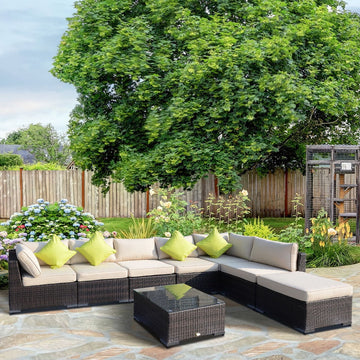 8 Pieces PE Rattan Corner Sofa Set with Thick Cushions, Aluminium Outdoor Rattan Garden Furniture Set with Glass Top Table, No Assembly Required, Mixed Brown