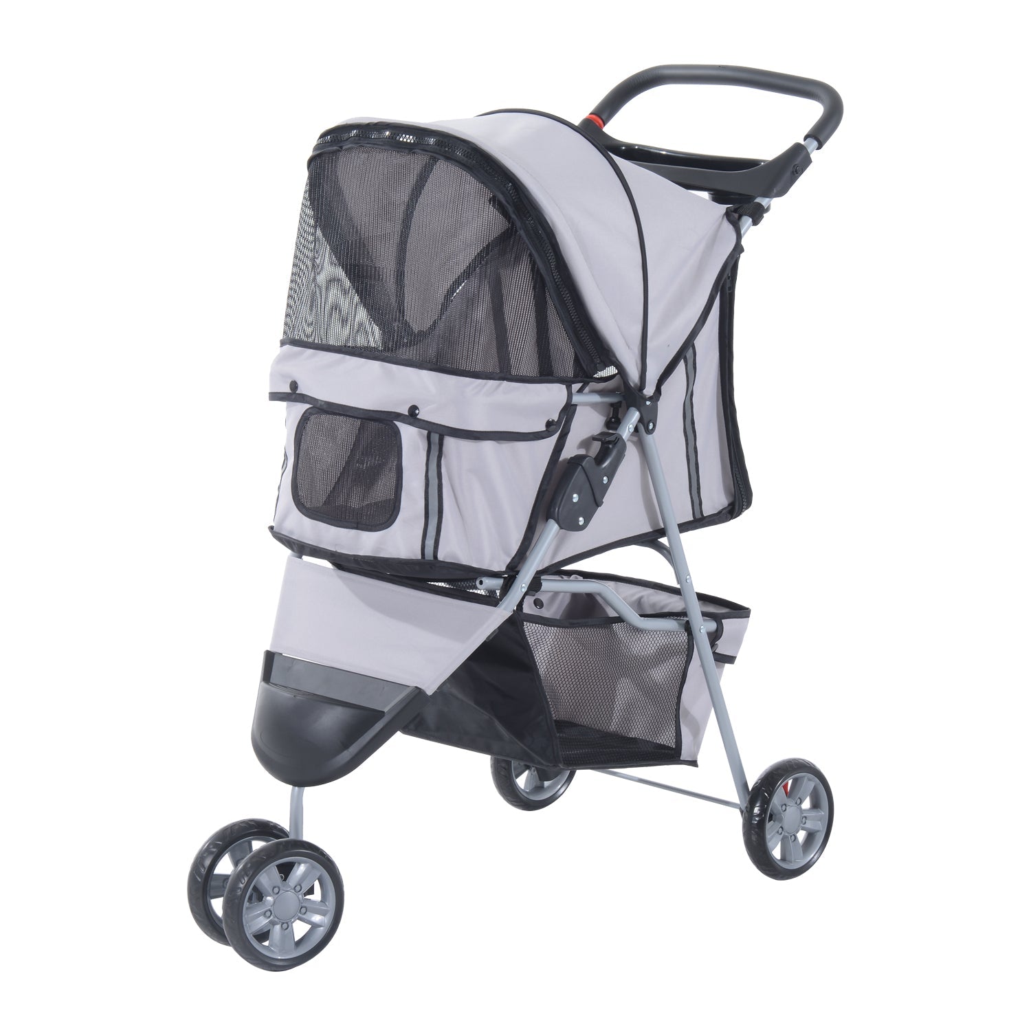 Dog Stroller, 3 Wheels Foldable Cat Dog Pram with Cup Holder, Storage Basket, Pet Stroller for Small Miniature Dogs, Grey