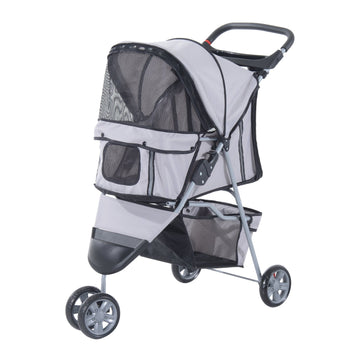 Dog Stroller, 3 Wheels Foldable Cat Dog Pram with Cup Holder, Storage Basket, Pet Stroller for Small Miniature Dogs, Grey