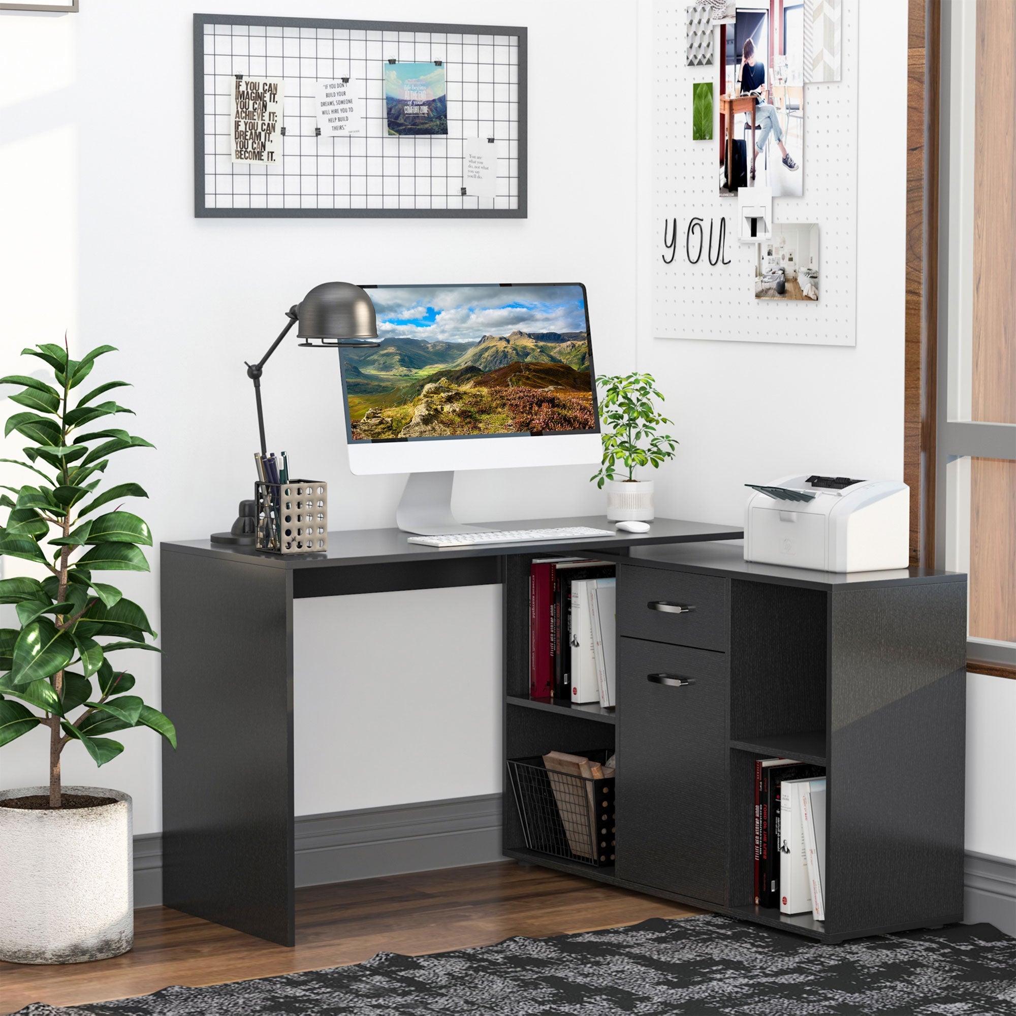 L-Shaped Computer Desk with Storage Compartments, Drawer and Cabinet, Laptop PC Corner Table, Home Office Workstation, 120 x 115 x 76cm, Black