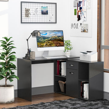 L-Shaped Computer Desk with Storage Compartments, Drawer and Cabinet, Laptop PC Corner Table, Home Office Workstation, 120 x 115 x 76cm, Black