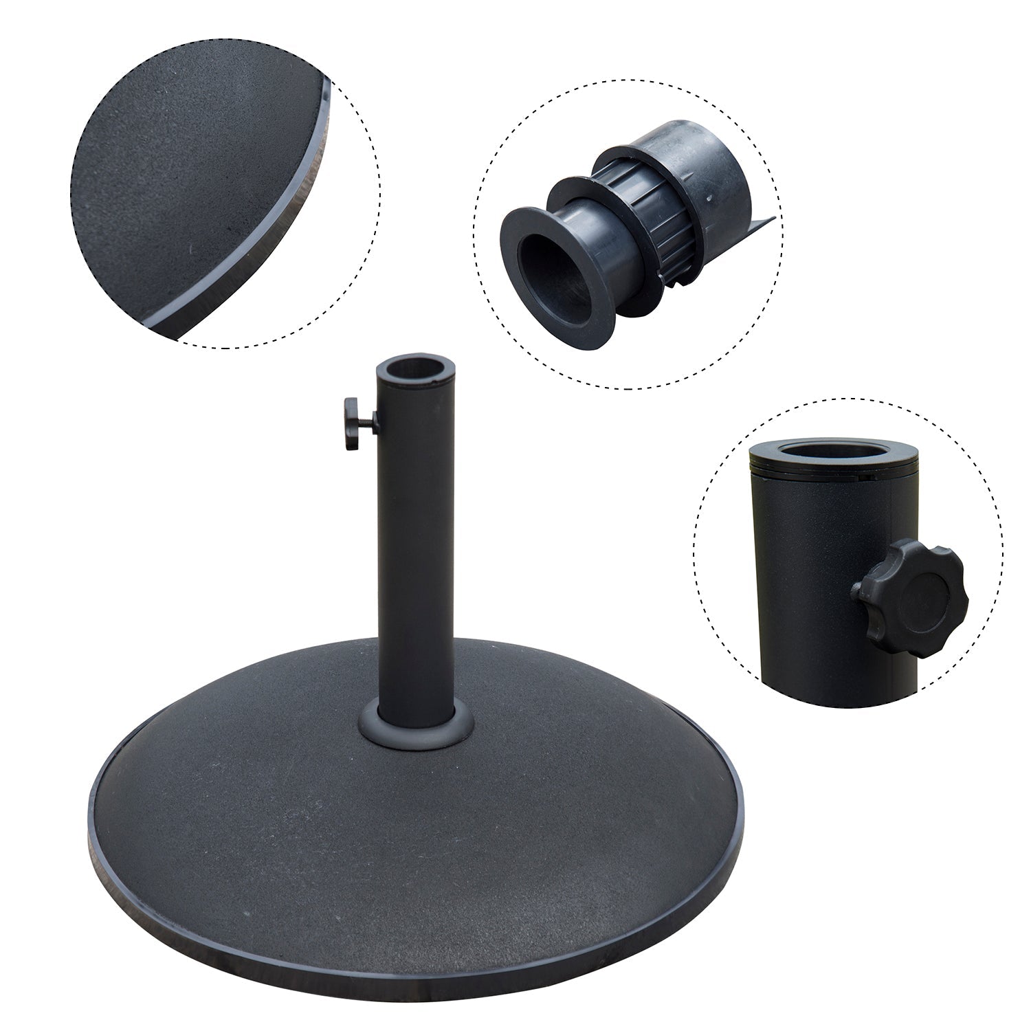 25 kg Parasol Base, Heavy Duty Concrete Patio Umbrella Stand with Adjustable Knob, 49 cm Round Garden Parasol Holder for 35 to 48 mm Poles, Black