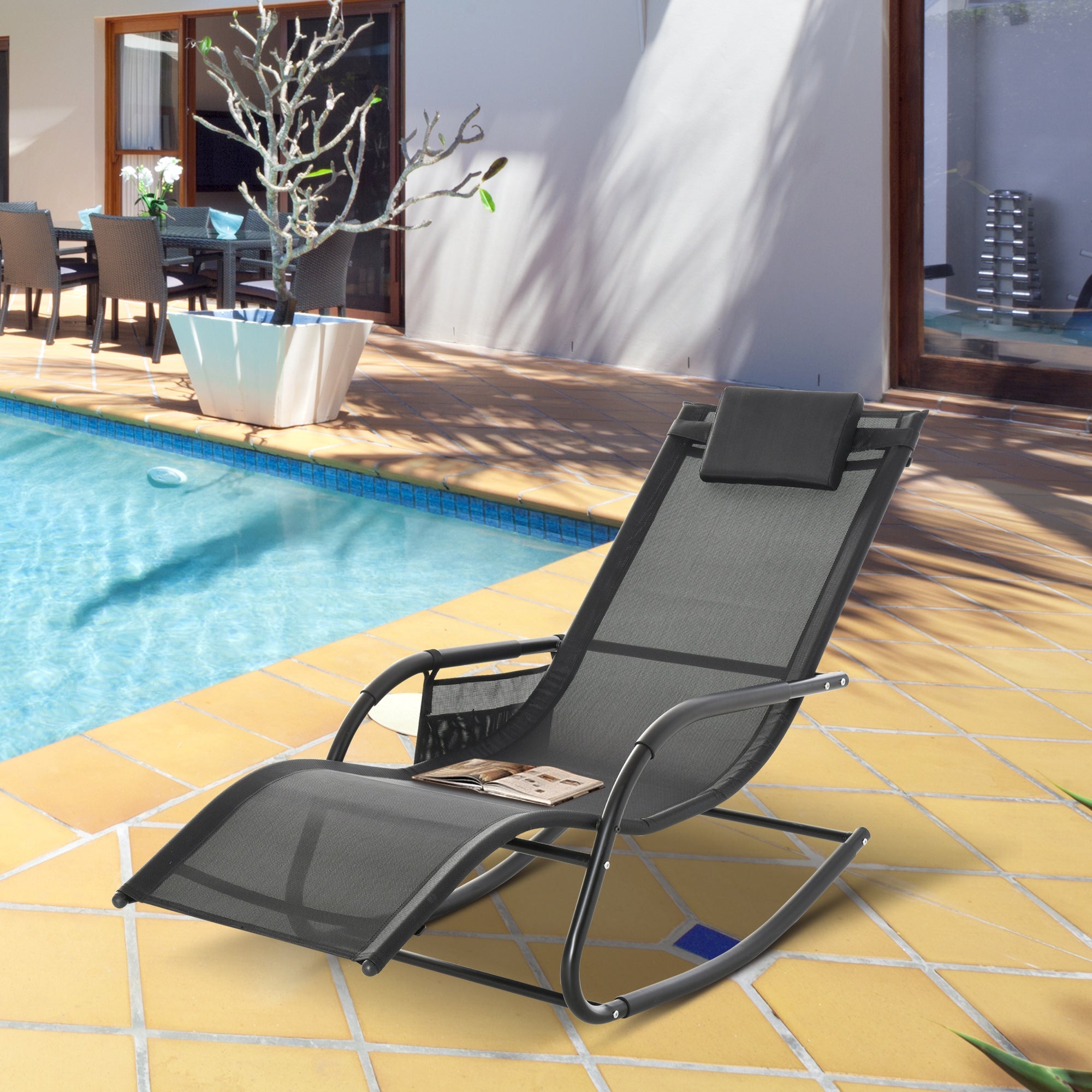 Outdoor Garden Rocking Chair, Patio Sun Lounger Rocker Chair with Breathable Mesh Fabric, Removable Headrest Pillow, Armrest, Side Storage Bag, Black